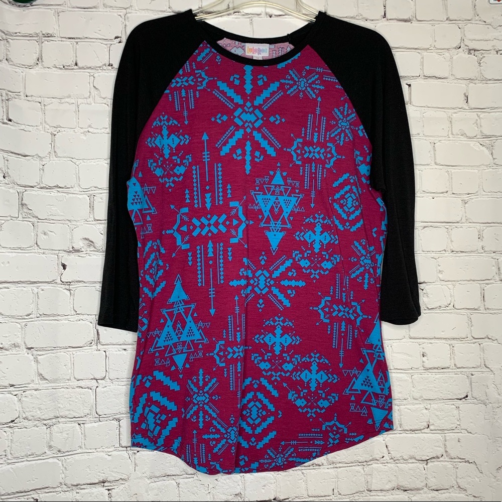 LULAROE Tribal Print Magenta Blue Baseball Tee M